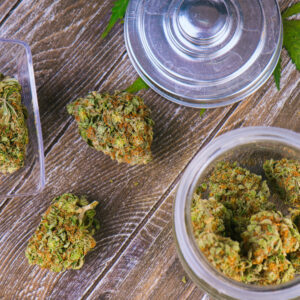 Detail,Of,Cannabis,Buds,(scout,Master,Strain),On,Glass,Jar